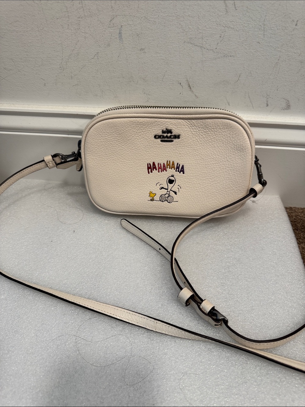 Coach x peanuts snoopy Woodstock ha ha ha double zip crossbody bag purse